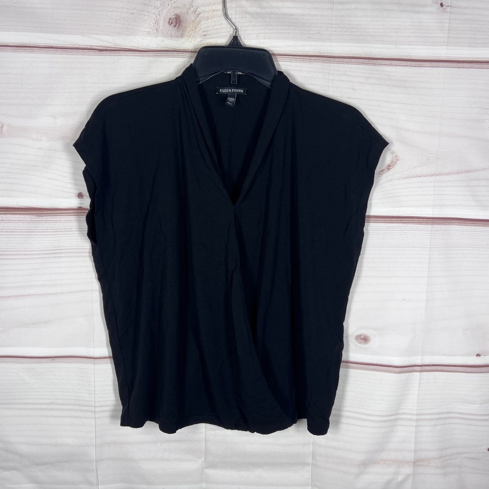 Eileen Fisher Top Women Small Black V-Neck Faux Wrap Sleeveless Jersey Knit